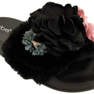 babe fur women slippers black